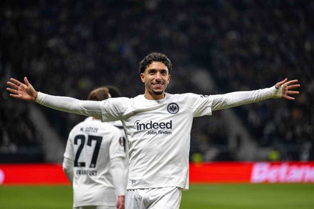 Omar Marmoush Eintracht Frankfurt celebrates after scoring his team s first goal during the UEFA Europa League 2024 25 League Phase MD4 match between Eintracht Frankfurt v SK Slavia Praha at Deutsche Bank Park on November 7, 2024 in Frankfurt am Main, Germany not used in POL SRB CRO FRA GBR NED ITA USA Defodi 747 747 20241107 EFSlPr 000000101 Defodi-747 not used in POL SRB CRO FRA GBR NED ITA USA