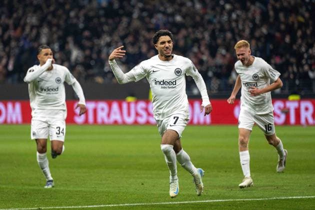 Omar Marmoush Eintracht Frankfurt celebrates after scoring his team s first goal during the UEFA Europa League 2024 25 League Phase MD4 match between Eintracht Frankfurt v SK Slavia Praha at Deutsche Bank Park on November 7, 2024 in Frankfurt am Main, Germany not used in POL SRB CRO FRA GBR NED ITA USA Defodi 747 747 20241107 EFSlPr 000000083 Defodi-747 not used in POL SRB CRO FRA GBR NED ITA USA