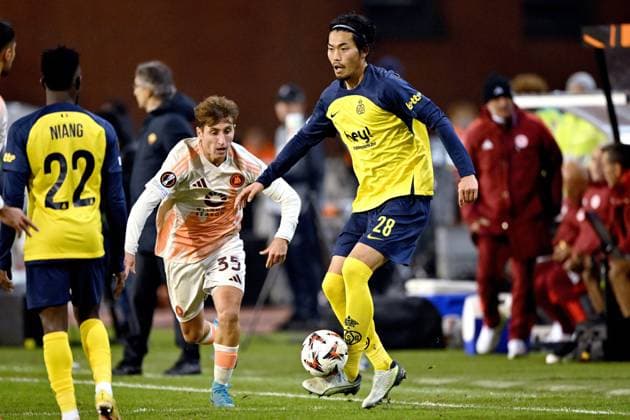 BRUSSELS - (l-r) Tommaso Baldanzi of AS Roma, Koki Machida of Royale Union Saint-Gilloise during the UEFA Europa League match between R. Union Saint-Gilles and AS Roma at the King Baudouin Stadium on Nov. 7, 2024 in Brussels, Belgium. ANP Hollandse Hoogte UEFA Europa League match day 4 2024 25 xVIxANPxSportx xGerritxvanxKeulenxIVx 512914507 originalFilename: 512914507.jpg