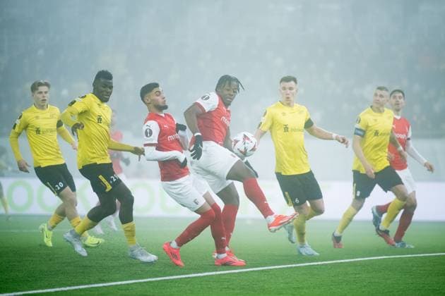 241107 Gabri Martinez and Bright Array Mbi of Braga against Ibrahim Buhari, Andri Fannar Baldursson and Sebastian Holmen of Elfsborg of Elfsborg during the Europa League match between Elfsborg and Braga on November 7, 2024 in Boras Photo Jörgen Jarnberger BILDBYRAN COP 112 JJ0415 fotboll football soccer fotball uefa europa league europa league elfsborg braga bbeng  Copyright: JÖRGENxJARNBERGER BB241107JJ042
