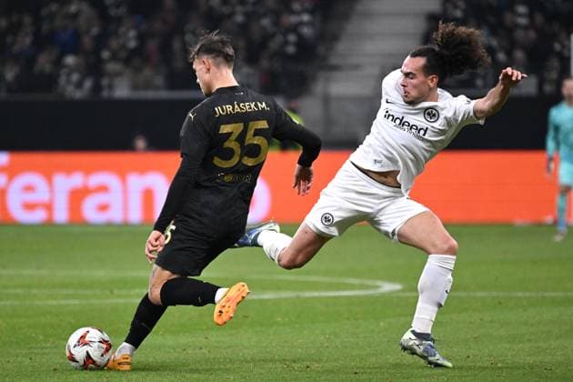 Soccer UEFA Europa League matchday 4 Eintracht Frankfurt Rigas FS on 24 10 2024 at Deutsche Bank Park in Frankfurt Matej Jurasek Prague , left Arthur Theate Frankfurt , right xJKx
