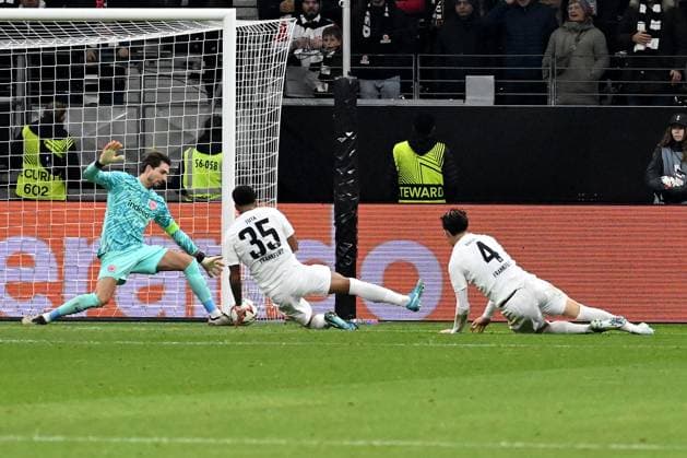 Soccer UEFA Europa League Matchday 4 Eintracht Frankfurt Rigas FS on 24 10 2024 at Deutsche Bank Park in Frankfurt Kevin Trapp saves Frankfurt 1 0 in the last minute xJKx