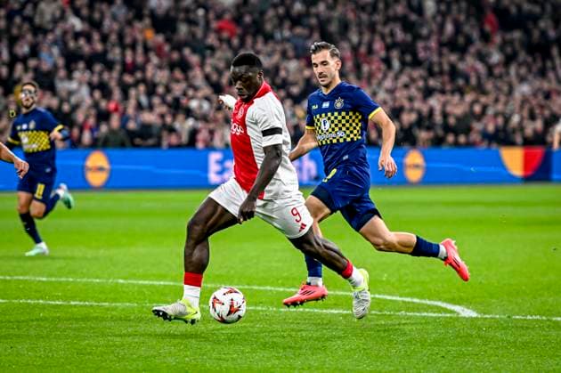 AFC Ajax Amsterdam forwarder Brian Brobbey, Maccabi Tel Aviv defender Nemanja Stojic, during the match Ajax Maccabi Tel Aviv at the Johan Cruijff ArenA for the UEFA Europa League League League phase Matchday 4 season 2024 2025 in AMSTERDAM, Netherlands on 7 november 2024, photo by Stefan Koops EYE4images DeFodi Images not used in POL SRB CRO FRA GBR NED ITA USA Defodi 746 198782 Defodi-746 not used in POL SRB CRO FRA GBR NED ITA USA