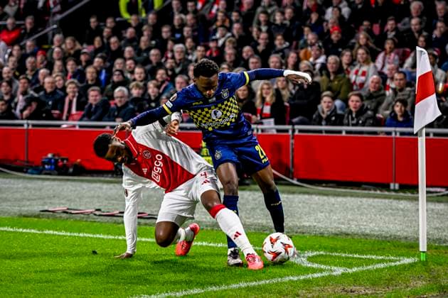 AFC Ajax Amsterdam defender Jorrel Hato, Maccabi Tel Aviv midfielder Issouf Sissokho, during the match Ajax Maccabi Tel Aviv at the Johan Cruijff ArenA for the UEFA Europa League League League phase Matchday 4 season 2024 2025 in AMSTERDAM, Netherlands on 7 november 2024, photo by Stefan Koops EYE4images DeFodi Images not used in POL SRB CRO FRA GBR NED ITA USA Defodi 746 198783 Defodi-746 not used in POL SRB CRO FRA GBR NED ITA USA