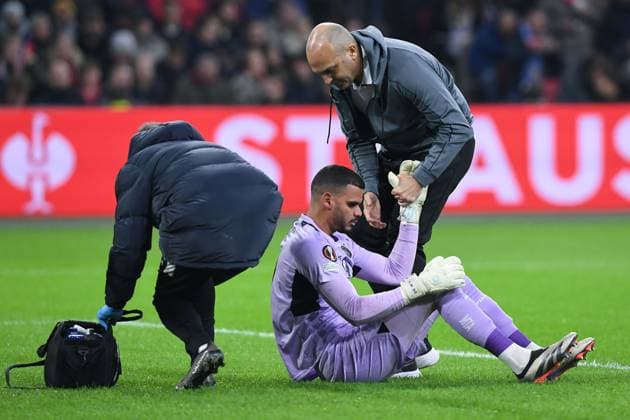 Soccer UEFA Europa League matchday 4 Ajax Amsterdam Maccabi Tel Aviv on 07 11 2024 at the Johan Cruijff ArenA in Amsterdam Roi Mishpati Tel Aviv injured on the ground xRx