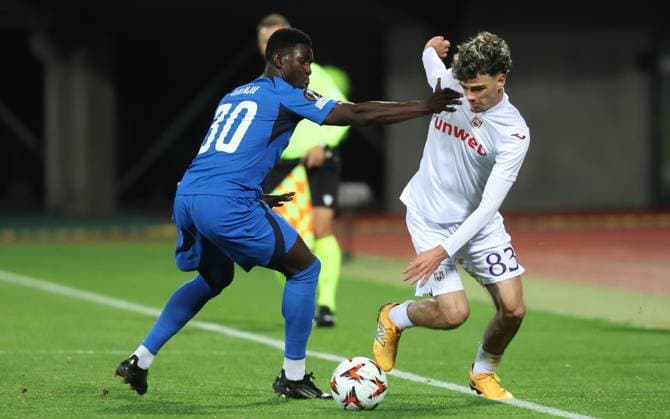 FK RFS s Haruna Rasid Njie and Anderlecht s Tristan Degreef fight for the ball during a soccer match between Latvian Rigas FS and Belgian RSC Anderlecht, in Riga, Latvia, Thursday 07 November 2024, on the fourth day of the League phase of the UEFA Europa League tournament. VIRGINIExLEFOUR  x104835853x