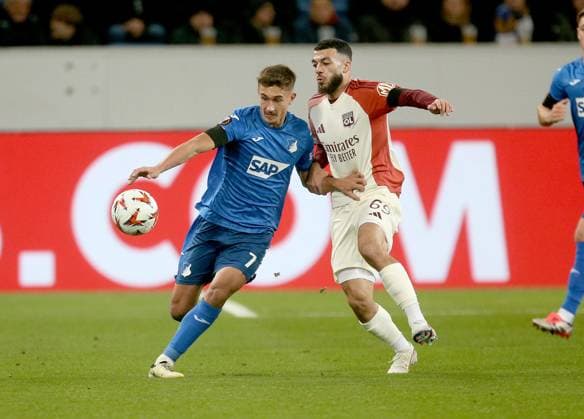 V li Tom Bischof Hoffenheim , Georges Mikautadze Lyon Sport Soccer Europa League Season 24 25 TSG 1899 Hoffenheim Olympique Lyon , 2 Matchday, 07 11 2024