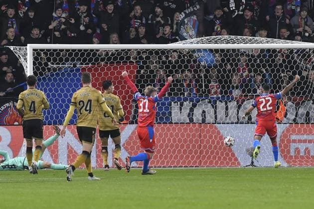Plzen players Pavel Sulc (31) and Cadu (22) celebrate after scoring a goal in the Europa League 4th round match Viktoria Plzen vs Real Sociedad San Sebastian in Pilsen, Czech Republic, November 7, 2024. (CTKxPhoto MiroslavxChaloupka) CTKPhotoP2024110709312  CTKPhotoP2024110709312