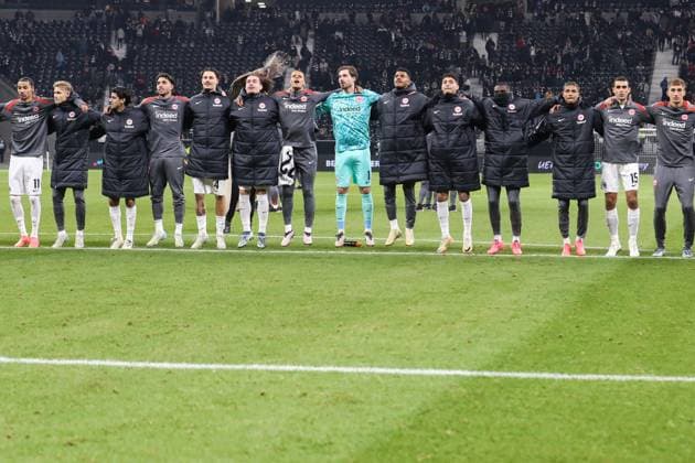 UEFA Europa League Eintracht Frankfurt SK Slavia Prague on 07 11 2024 at Deutsche Bank Park in Frankfurt Cheers and joy about the victory at the Eintracht Frankfurt team, here with Hugo Ekitike Frankfurt 11 , Mahmoud Mo Dahoud Frankfurt 18 , Omar Marmoush Frankfurt 7 , Robin Koch Frankfurt 4 , Arthur Theate Frankfurt 3 , Timothy Chandler Frankfurt 22 , goalkeeper Kevin Trapp Frankfurt 1 , Ansgar Knauff Frankfurt 36 , Fares Chaibi Frankfurt 8 , Niels Nkounkou Frankfurt 29 , Nnamdi Collins Frankfurt 34 , Ellyes Skhiri Frankfurt 15 MH