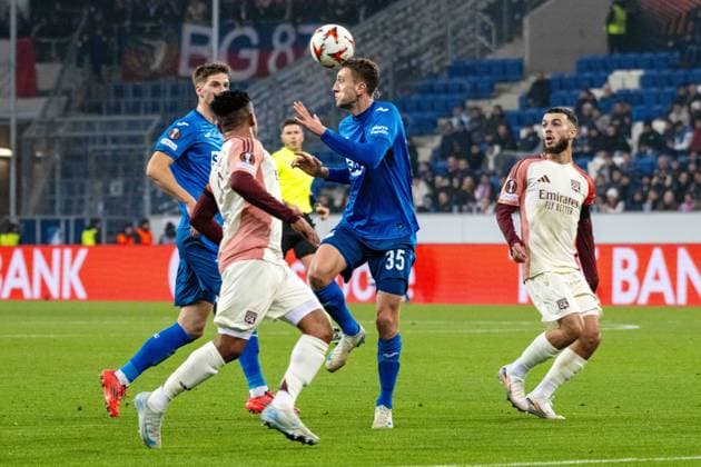 Gift Orban Olympique Lyon , Arthur Chaves TSG 1899 Hoffenheim and Georges Mikautadze Olympique Lyon xettx, Germany, Sinsheim, 07 11 2024, Football, UEFA Europa League TSG 1899 Hoffenheim vs Olympique Lyon, Season 2024 2025, Match Day 4, PreZerro Arena Photo A2 Bildagentur Peter Hartenfelser