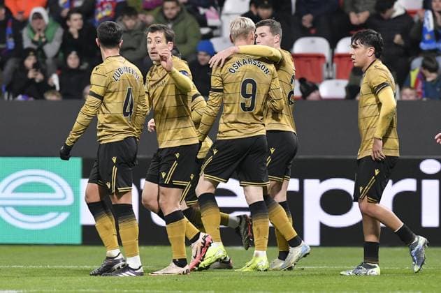 San Sebastian players celebrate after a goal scored by Orri Oskarsson (third from right) in during the Europa League 4th round match Viktoria Plzen vs Real Sociedad San Sebastian in Pilsen, Czech Republic, November 7, 2024. (CTKxPhoto MiroslavxChaloupka) CTKPhotoP2024110709488  CTKPhotoP2024110709488