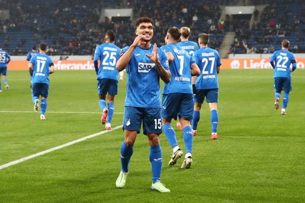 07 11 2024, xtvx, Football UEFA Europa League, TSG 1899 Hoffenheim Olympique Lyon emspor, v l Goal scored, goal to 1 0 Valentin Gendrey TSG 1899 Hoffenheim Torjubel, Goal celebration, celebrate the goal, celebrates scoring DFL DFB REGULATIONS PROHIBIT ANY USE OF PHOTOGRAPHS as IMAGE SEQUENCES and or QUASI VIDEO Sinsheim