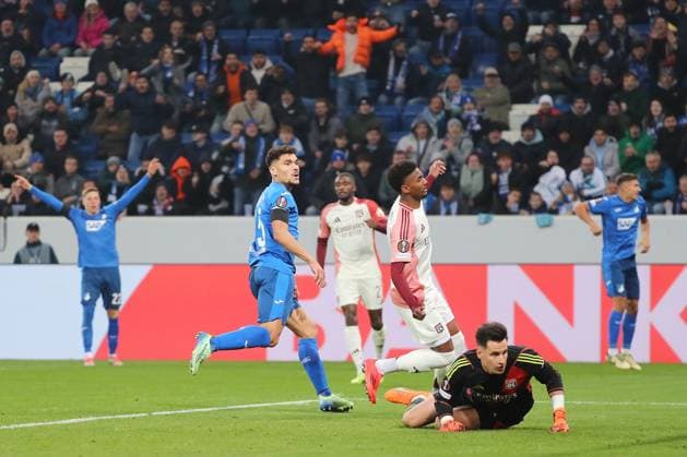 07 11 2024, xtvx, Football UEFA Europa League, TSG 1899 Hoffenheim Olympique Lyon emspor, v l Goal scored, goal to 1 0 Valentin Gendrey TSG 1899 Hoffenheim Torjubel, Goal celebration, celebrate the goal, celebrates scoring DFL DFB REGULATIONS PROHIBIT ANY USE OF PHOTOGRAPHS as IMAGE SEQUENCES and or QUASI VIDEO Sinsheim