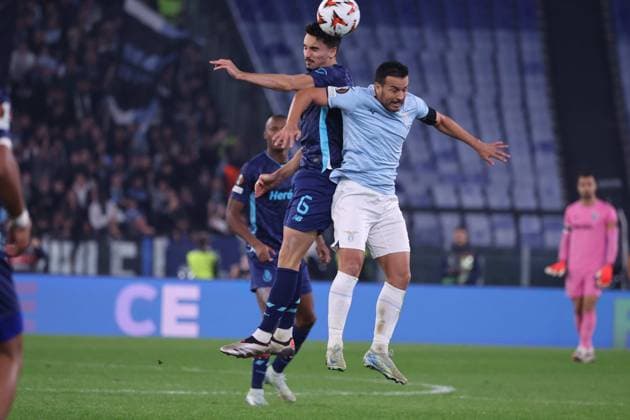 Europa League Football Match - 2024 25 Lazio vs Porto 07 11 2024 Rome, Stadio Olimpico, football match valid for Europa League 2024 24 between SS Lazio vs SSC vs FC Porto In photo: Pedro of SS Lazio - Stephen EustÃ aquio of Porto FC ROMA Stadium Olimpic Lazio ITALY Copyright: xFABIOxSASSO FPAxFabioxSasso FPAx Lazio Porto2024_11_08Fabio Sasso6487