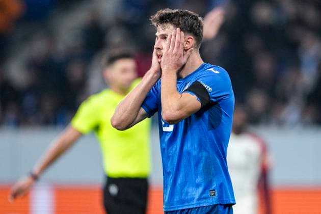 Anton Stach Hoffenheim, 16 , TSG 1899 Hoffenheim player, looking disappointed, disappointment, frustration, disappointed, pessimistic, action, action scene, 07 11 2024, Sinsheim Germany , football, UEFA Europa League, group stage, TSG 1899 Hoffenheim Olympique Lyon, REGULATIONS PROHIBIT ANY USE OF PHOTOGRAPHS AS IMAGE SEQUENCES AND OR QUASI VIDEO xozx