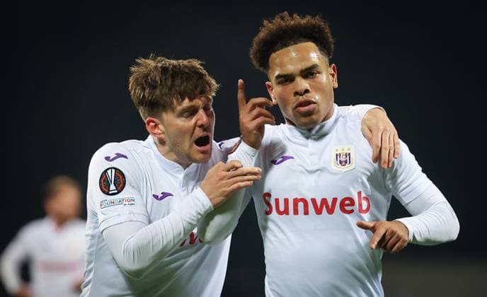 Anderlecht s Mario Stroeykens celebrates after scoring during a soccer match between Latvian Rigas FS and Belgian RSC Anderlecht, in Riga, Latvia, Thursday 07 November 2024, on the fourth day of the League phase of the UEFA Europa League tournament. VIRGINIExLEFOUR  x104842658x