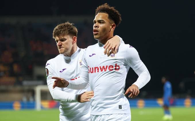 Anderlecht s Mario Stroeykens celebrates after scoring during a soccer match between Latvian Rigas FS and Belgian RSC Anderlecht, in Riga, Latvia, Thursday 07 November 2024, on the fourth day of the League phase of the UEFA Europa League tournament. VIRGINIExLEFOUR  x104842773x
