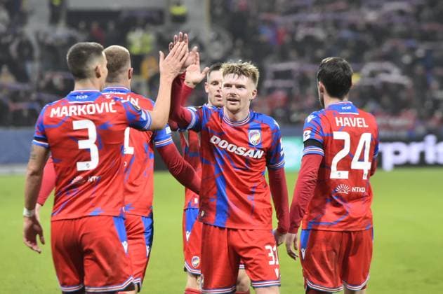L-R Svetozar Markovic and Pavel Sulc (Plzen) give high five during the Europa League 4th round match Viktoria Plzen vs Real Sociedad San Sebastian in Pilsen, Czech Republic, November 7, 2024. (CTKxPhoto MiroslavxChaloupka) CTKPhotoP2024110710077  CTKPhotoP2024110710077
