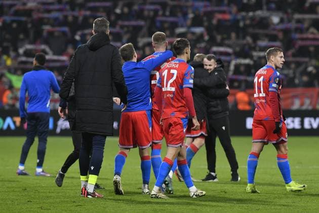 Viktoria Plzen players celebrate their victory in the Europa League 4th round match Viktoria Plzen vs Real Sociedad San Sebastian in Pilsen, Czech Republic, November 7, 2024. (CTKxPhoto MiroslavxChaloupka) CTKPhotoP2024110710163  CTKPhotoP2024110710163