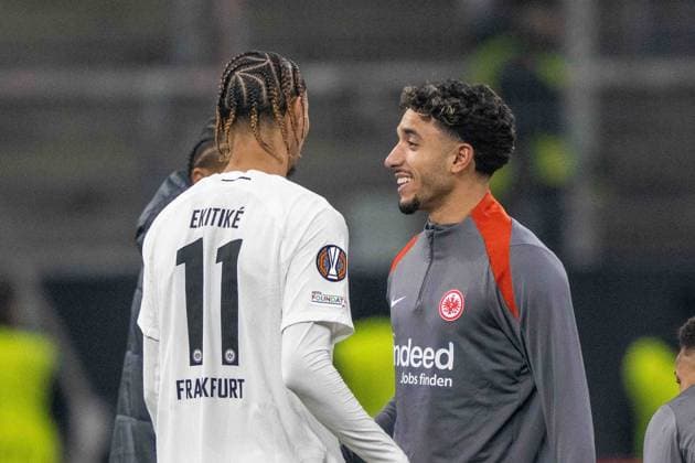 Hugo EkitikÃ Eintracht Frankfurt Omar Marmoush Eintracht Frankfurt celebrate after winning during the UEFA Europa League 2024 25 League Phase MD4 match between Eintracht Frankfurt v SK Slavia Praha at Deutsche Bank Park on November 7, 2024 in Frankfurt am Main, Germany not used in POL SRB CRO FRA GBR NED ITA USA Defodi 747 747 20241107 EFSlPr 000000141 Defodi-747 not used in POL SRB CRO FRA GBR NED ITA USA