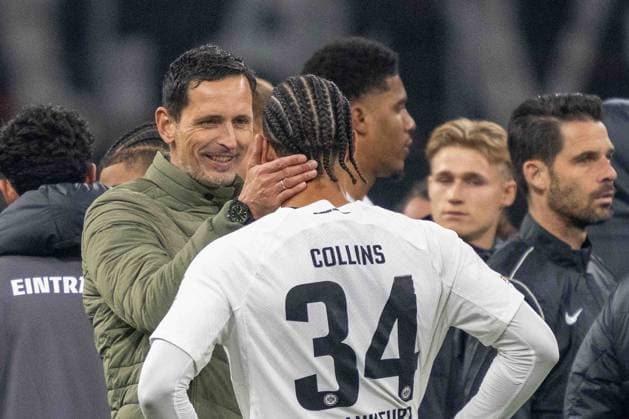 Nnamdi Collins Eintracht Frankfurt Dino Toppmöller Eintracht Frankfurt celebrate after winning during the UEFA Europa League 2024 25 League Phase MD4 match between Eintracht Frankfurt v SK Slavia Praha at Deutsche Bank Park on November 7, 2024 in Frankfurt am Main, Germany not used in POL SRB CRO FRA GBR NED ITA USA Defodi 747 747 20241107 EFSlPr 000000138 Defodi-747 not used in POL SRB CRO FRA GBR NED ITA USA