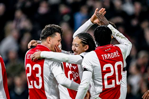 AFC Ajax Amsterdam forwarder Steven Berghuis, AFC Ajax Amsterdam midfielder Kian Fitz Jim celebrating the goal, during the match Ajax Maccabi Tel Aviv at the Johan Cruijff ArenA for the UEFA Europa League phase Matchday 4 season 2024 2025 in AMSTERDAM, Netherlands on 7 november 2024, photo by Stefan Koops EYE4images DeFodi Images not used in POL SRB CRO FRA GBR NED ITA USA Defodi 746 198916 Defodi-746 not used in POL SRB CRO FRA GBR NED ITA USA