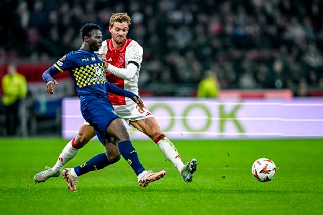 Maccabi Tel Aviv forwarder Henry Addo, AFC Ajax Amsterdam defender Daniele Rugani, during the match Ajax Maccabi Tel Aviv at the Johan Cruijff ArenA for the UEFA Europa League League phase Matchday 4 season 2024 2025 in AMSTERDAM, Netherlands on 7 november 2024, photo by Stefan Koops EYE4images DeFodi Images not used in POL SRB CRO FRA GBR NED ITA USA Defodi 746 198919 Defodi-746 not used in POL SRB CRO FRA GBR NED ITA USA
