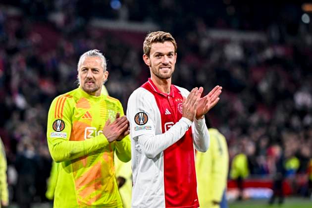 AFC Ajax Amsterdam goalkeeper Remko Pasveer, AFC Ajax Amsterdam defender Daniele Rugani, during the match Ajax Maccabi Tel Aviv at the Johan Cruijff ArenA for the UEFA Europa League League phase Matchday 4 season 2024 2025 in AMSTERDAM, Netherlands on 7 november 2024, photo by Stefan Koops EYE4images DeFodi Images not used in POL SRB CRO FRA GBR NED ITA USA Defodi 746 198932 Defodi-746 not used in POL SRB CRO FRA GBR NED ITA USA