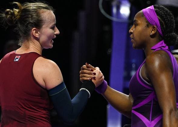 WTA, Tennis Damen Finals 2024 - Day 6 RIYADH, SAUDI ARABIA - NOVEMBER 07: Coco Gauff (R) of USA congratulates Barbora Krejcikova of Czech Republic at the end of the match, on Day 6 of the 2024 WTA Finals, part of the Hologic WTA Tour, held at King Saud University Indoor Arena on November 07, 2024, in Riyadh, Saudi Arabia. Riyadh Saudi Arabia  Copyright: xArturxWidakx originalFilename:widak-wtafinal241107_nplFM.jpg