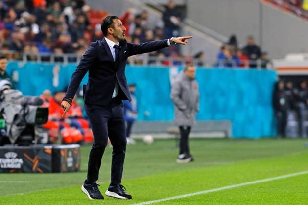 (241108) -- BUCHAREST, Nov. 8, 2024 -- FCSB s coach Elias Charalambous gestures during a UEFA Europa League match between FCSB and Midtjylland in Bucharest, Romania, Nov. 7, 2024. (Photo by Xinhua) (SP)ROMANIA-BUCHAREST-UEFA EUROPA LEAGUE-FCSB VS FC MIDTJYLLAND CristianxCristel 