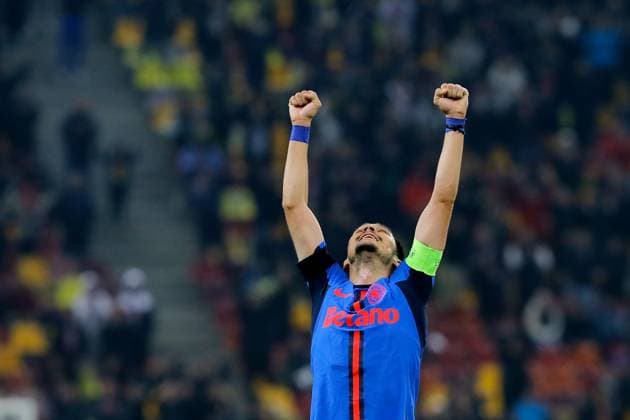 (241108) -- BUCHAREST, Nov. 8, 2024 -- FCSB s Adrian Sut celebrates after a UEFA Europa League match between FCSB and Midtjylland in Bucharest, Romania, Nov. 7, 2024. (Photo by Xinhua) (SP)ROMANIA-BUCHAREST-UEFA EUROPA LEAGUE-FCSB VS FC MIDTJYLLAND CristianxCristel 