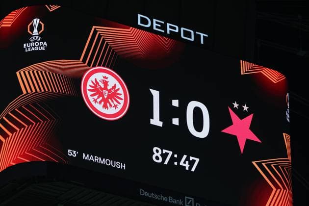 UEFA Europa League Eintracht Frankfurt SK Slavia Prague on 07 11 2024 at Deutsche Bank Park in Frankfurt Scoreboard Video screen with the official final score 1 to 0 MH