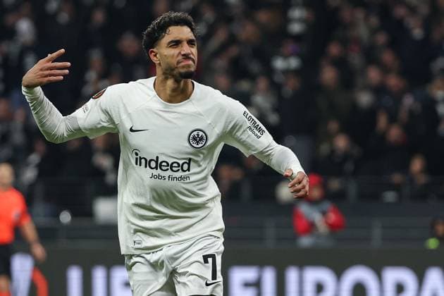 UEFA Europa League Eintracht Frankfurt SK Slavia Prague on 07 11 2024 at Deutsche Bank Park in Frankfurt Cheering, goal celebration, goal scorer, goal scorer Omar Marmoush Frankfurt 7 cheers after his goal to make it 1 - 0 MH