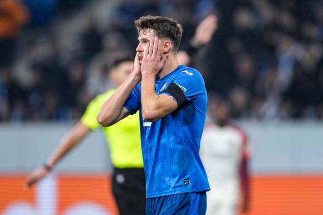 Anton Stach Hoffenheim, 16 , TSG 1899 Hoffenheim player, looking disappointed, disappointment, frustration, disappointed, pessimistic, single image, single photo, action, action, 07 11 2024, Sinsheim Germany , Football, UEFA Europa League, Group stage, TSG 1899 Hoffenheim Olympique Lyon, 07 11 2024, Sinsheim Germany , Football, UEFA Europa League, Group stage, TSG 1899 Hoffenheim Olympique Lyon, DFB DFL REGULATES PROHIBIT ANY USE OF PHOTOGRAPHS AS IMAGE SEQUENCES AND OR QUASI VIDEO xozx