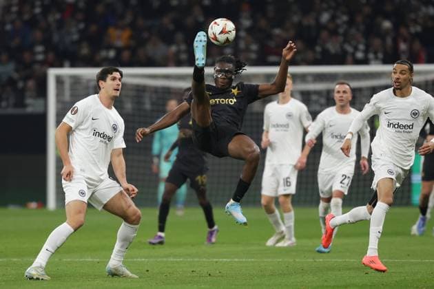 Frankfurt, 7 November 2024 UEFA Europa Legue 2024 25 Eintracht Frankfurt Slavia Praha v l , Igor Matanovic Eintracht Frankfurt , Fallrückzieher Igoh Ogbu SK Slavia Praha DFL DFB REGULATIONS PROHIBIT ANY USE OF PHOTOGRAPHS as IMAGE SEQUENCES and or QUASI VIDEO Copyright: JoaquimxFerreira