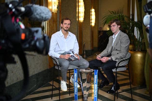 Media Day At 2024 Nitto ATP, Tennis Herren Finals - Turin Daniil Medvedev (RUS) and Andrey Rublev (RUS) during media day at the 2024 Nitto ATP Finals in Turin, Italy, on November 7, 2024. Photo by Corinne Dubreuil ABACAPRESS.COM Turin Italy  Copyright: xDubreuilxCorinne ABACAx
