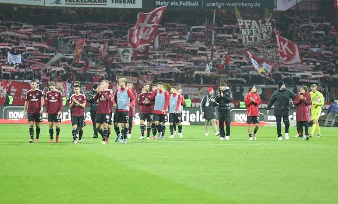 08 11 2024 Soccer Season 2024 2025 2 Soccer Bundesliga 12 Matchday 1 FC Nürnberg FCN Club 1 FC Kaiserslautern FCK Rote Roten Teufel Sportfoto Zink DaMa xdaxmax DFL regulations prohibit any use of photographs as image sequences and or quasi video only for editorial use Mannschaft Team FCN Team thanks Clubfan Clubfans FCN Fans Fans after the end of the match