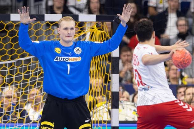 Germany Switzerland, Mens Handball European Championship Qualifier Goalkeeper David Späth Germany, 1 expects a seven-meter penalty Handball European Championship Qualifier, Mens International Match between Germany and Switzerland on November 07, 2024 at SAP Arena, Mannheim , Mannheim Germany SAP Arena