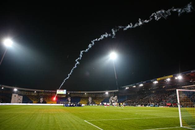 Fans of Hamburger SV shoot pyrotechnics on the pitch at the start of the match 2 Soccer Bundesliga season 2024 2025 Eintracht Braunschweig vs Hamburger SV at Eintracht Stadium in Braunschweig Action,Soccer,Man,Men,Germany,08 11 2024