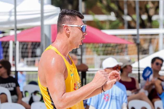 (241109) -- LAGUNA PROVINCE, Nov. 9, 2024 -- Halikejiang of China celebrates after scoring a point during the men s quarterfinal between Wu Jiaxin Halikejiang of China and Thomas Hodges Zachery Schubert of Australia at the Asian Volleyball Confederation (AVC) 2024 Asian Senior Beach volleyball, Beachvolleyball Championships in Laguna Province, the Philippines, Nov. 9, 2024. ) (SP)PHILIPPINES-LAGUNA PROVINCE-AVC 2024 ASIAN SENIOR BEACH VOLLEYBALL CHAMPIONSHIPS ROUELLExUMALI 