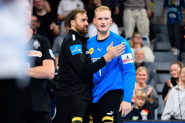 Handball: EM-Qualifikation, Deutschland - Schweiz, 2. Qualifikationsrunde, Gruppe 7, 1. Spieltag, Torhueter Andreas Wolff (Deutschland), Torhueter David Späth David Spaeth (Deutschland) Mannheim SAP-Arena Baden-Württemberg Deutschland