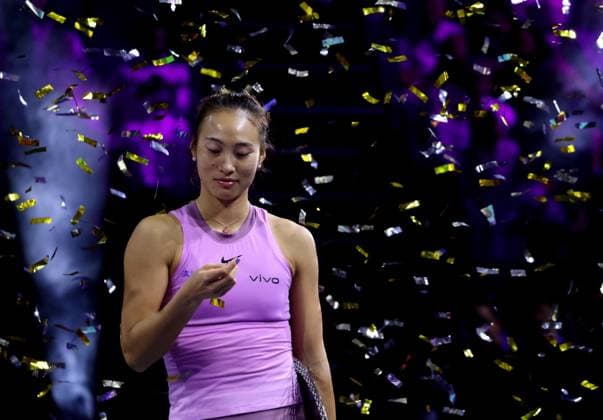 (241110) -- RIYADH, Nov. 10, 2024 -- Zheng Qinwen of China reacts during the awarding ceremony of the final match against Coco Gauff of the United States at WTA, Tennis Damen Finals tennis tournament in Riyadh, Saudi Arabia, Nov. 9, 2024. ) (SP)SAUDI ARABIA-RIYADH-TENNIS-WTA FINALS-FINAL WangxHaizhou 