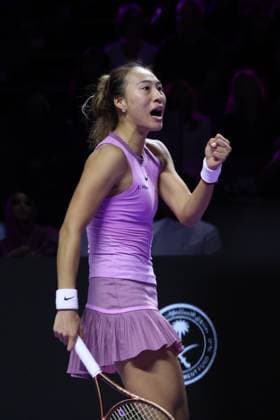 (241110) -- RIYADH, Nov. 10, 2024 -- Zheng Qinwen of China reacts during the final match against Coco Gauff of the United States at WTA, Tennis Damen Finals tennis tournament in Riyadh, Saudi Arabia, Nov. 9, 2024. ) (SP)SAUDI ARABIA-RIYADH-TENNIS-WTA FINALS-FINAL WangxHaizhou 
