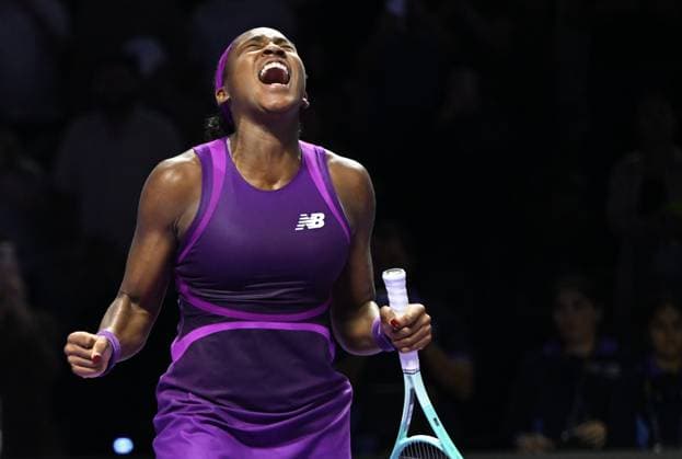 WTA, Tennis Damen Finals 2024 - Day 8 RIYADH, SAUDI ARABIA - NOVEMBER 09: Coco Gauff of USA celebrates as she wins the Final match against Quinwen Zheng of China on Day 8 of the 2024 WTA Finals, part of the Hologic WTA Tour, held at King Saud University Indoor Arena, on November 09, 2024, in Riyadh, Saudi Arabia. Riyadh Saudi Arabia  Copyright: xArturxWidakx originalFilename:widak-wtafinal241109_npPSM.jpg
