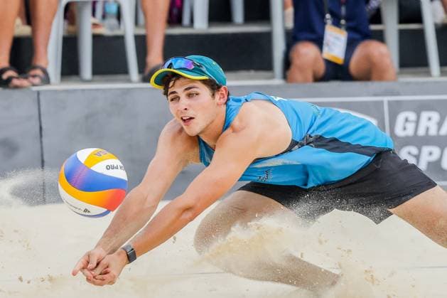 (241110) -- LAGUNA PROVINCE, Nov. 10, 2024 -- Mark Nicolaidis of Australia tries save the ball during the men s gold medal match between D Artagnan Potts Jack Pearse of Australia and Mark Nicolaidis Izac Carracher of Australia at the Asian Volleyball Confederation (AVC) 2024 Asian Senior Beach volleyball, Beachvolleyball Championships in Laguna Province, the Philippines on Nov. 10, 2024. ) (SP)PHILIPPINES-LAGUNA PROVINCE-AVC 2024 ASIAN SENIOR BEACH VOLLEYBALL CHAMPIONSHIPS-FINALS RouellexUmali 