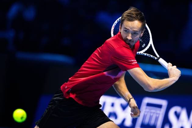 Daniil Medvedev returns the ball to Taylor Fritz, of United States during& xa0;their singles tennis match of the ATP, Tennis Herren World Tour Finals at the Pala Alpitour, in Turin, Italy - - Sunday, November 10, 2024.  Copyright: xMarcoxAlpozzi LaPressex