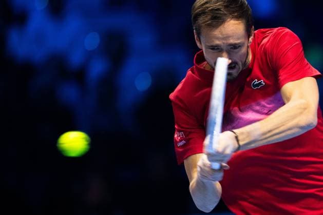 Daniil Medvedev returns the ball to Taylor Fritz, of United States during& xa0;their singles tennis match of the ATP, Tennis Herren World Tour Finals at the Pala Alpitour, in Turin, Italy - - Sunday, November 10, 2024.  Copyright: xMarcoxAlpozzi LaPressex
