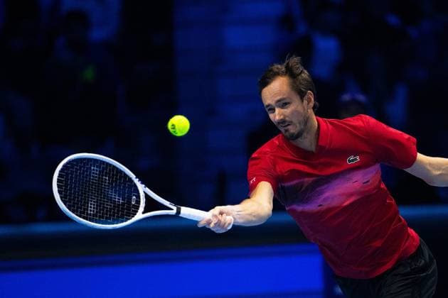 Daniil Medvedev returns the ball to Taylor Fritz, of United States during& xa0;their singles tennis match of the ATP, Tennis Herren World Tour Finals at the Pala Alpitour, in Turin, Italy - - Sunday, November 10, 2024.  Copyright: xMarcoxAlpozzi LaPressex