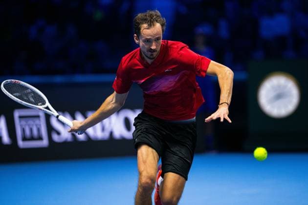Daniil Medvedev returns the ball to Taylor Fritz, of United States during& xa0;their singles tennis match of the ATP, Tennis Herren World Tour Finals at the Pala Alpitour, in Turin, Italy - - Sunday, November 10, 2024.  Copyright: xMarcoxAlpozzi LaPressex