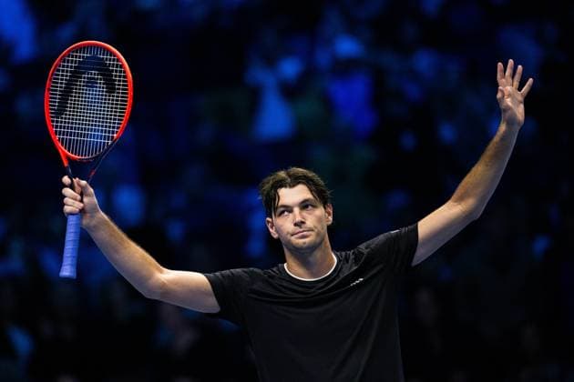 Taylor Fritz, of United States celebrate after& xa0;the singles tennis match versus Daniil Medvedev of the ATP, Tennis Herren World Tour Finals at the Pala Alpitour, in Turin, Italy - - Sunday, November 10, 2024.  Copyright: xMarcoxAlpozzi LaPressex